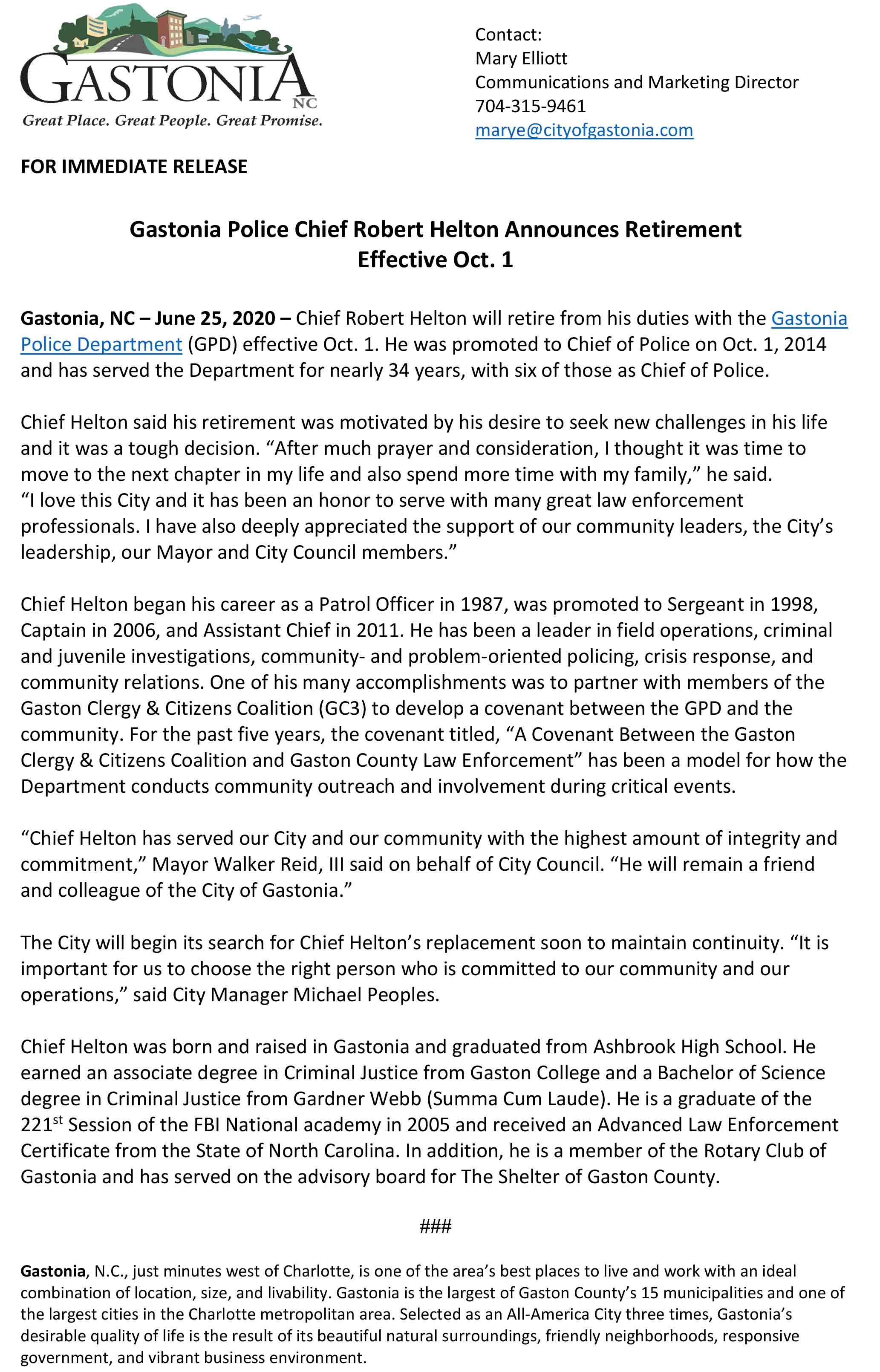 NR 2020 06 25 Chief Helton Announces Retirement